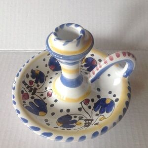 Italian Pottery Deruta Michelangelo Candleholder w Handle blue flowers design